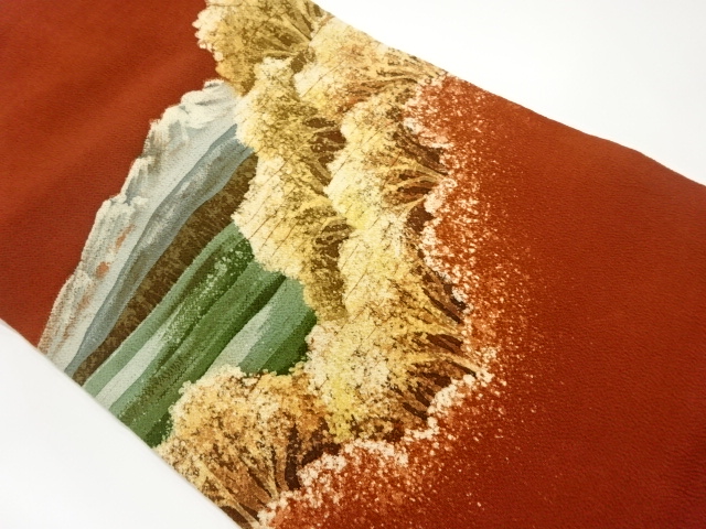 JAPANESE NAGOYA OBI / CHIRIMEN / DISTANT MOUNTAINS & TREES